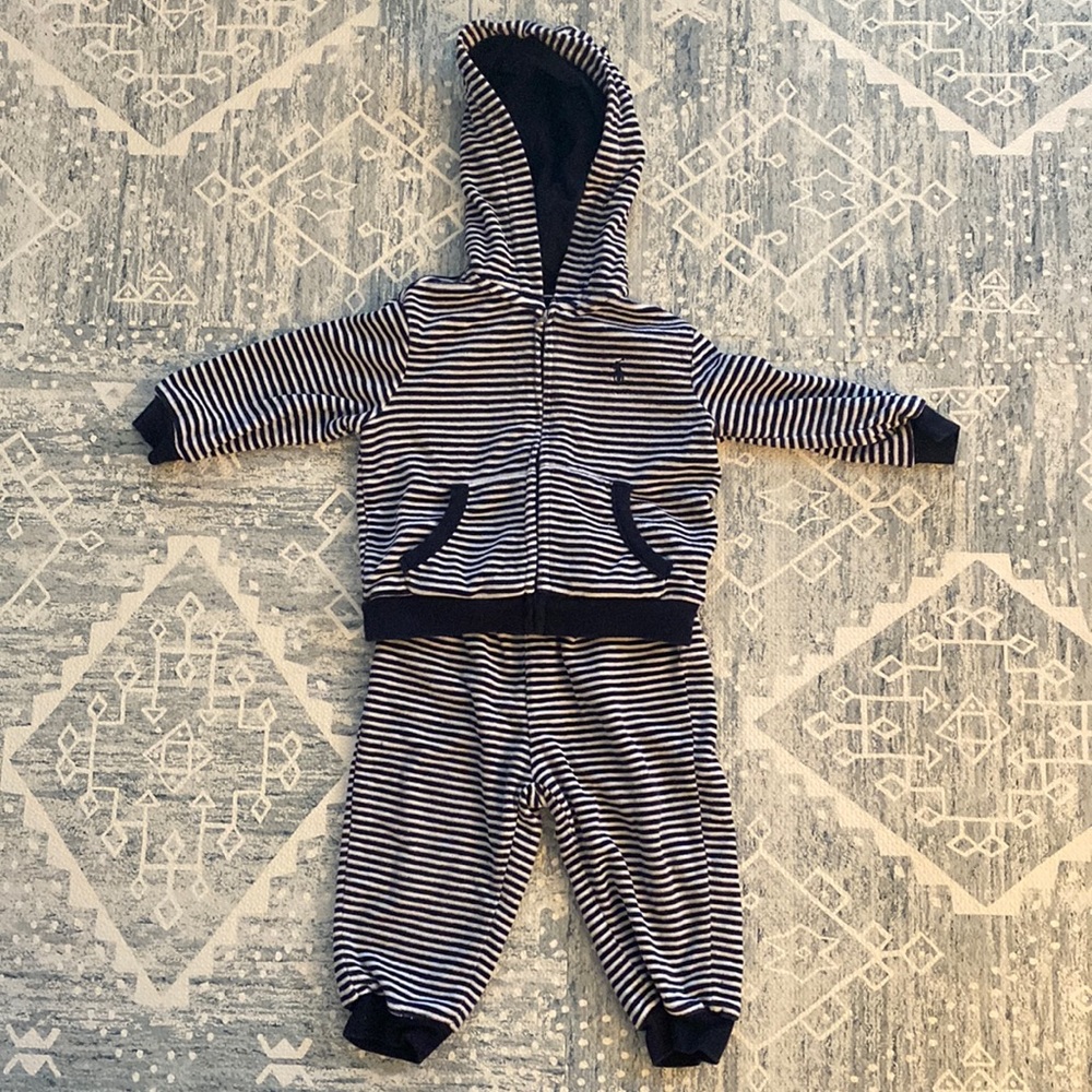 Ralph Lauren Navy Blue & White Striped Velour Hoodie & Pants Set. Size 12 months